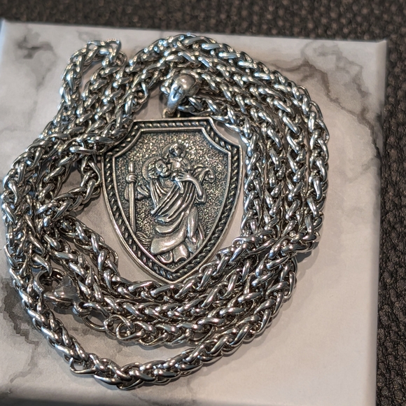 Silver Saint Christopher Shield Pendant Necklace - Picture 2 of 6